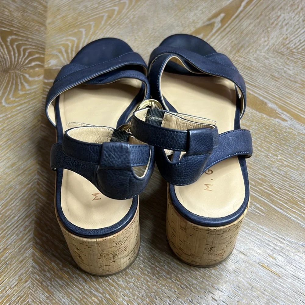 M. GEMI Women's The Linee Blue Leather Platform Cork Wedge Sandals 37